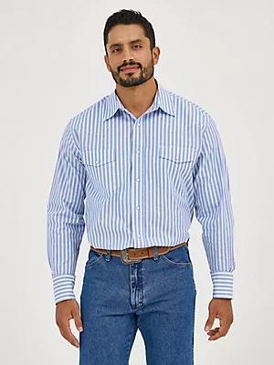 Men's Wrinkle Resist Long Sleeve Western Snap Stripe Shirt in Bold Blues Product Image