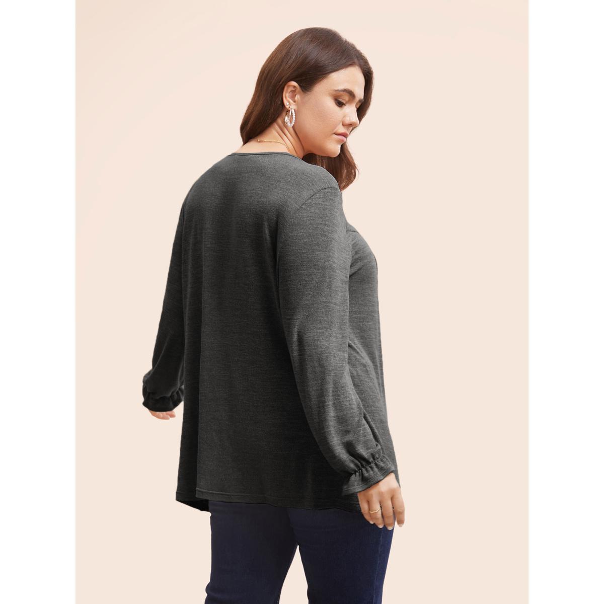 Plus Size Round Neck Heather Pleated T-shirt Indigo Women Elegant Pleated Round Neck Loose Everyday T-shirts BloomChic 12/L Product Image