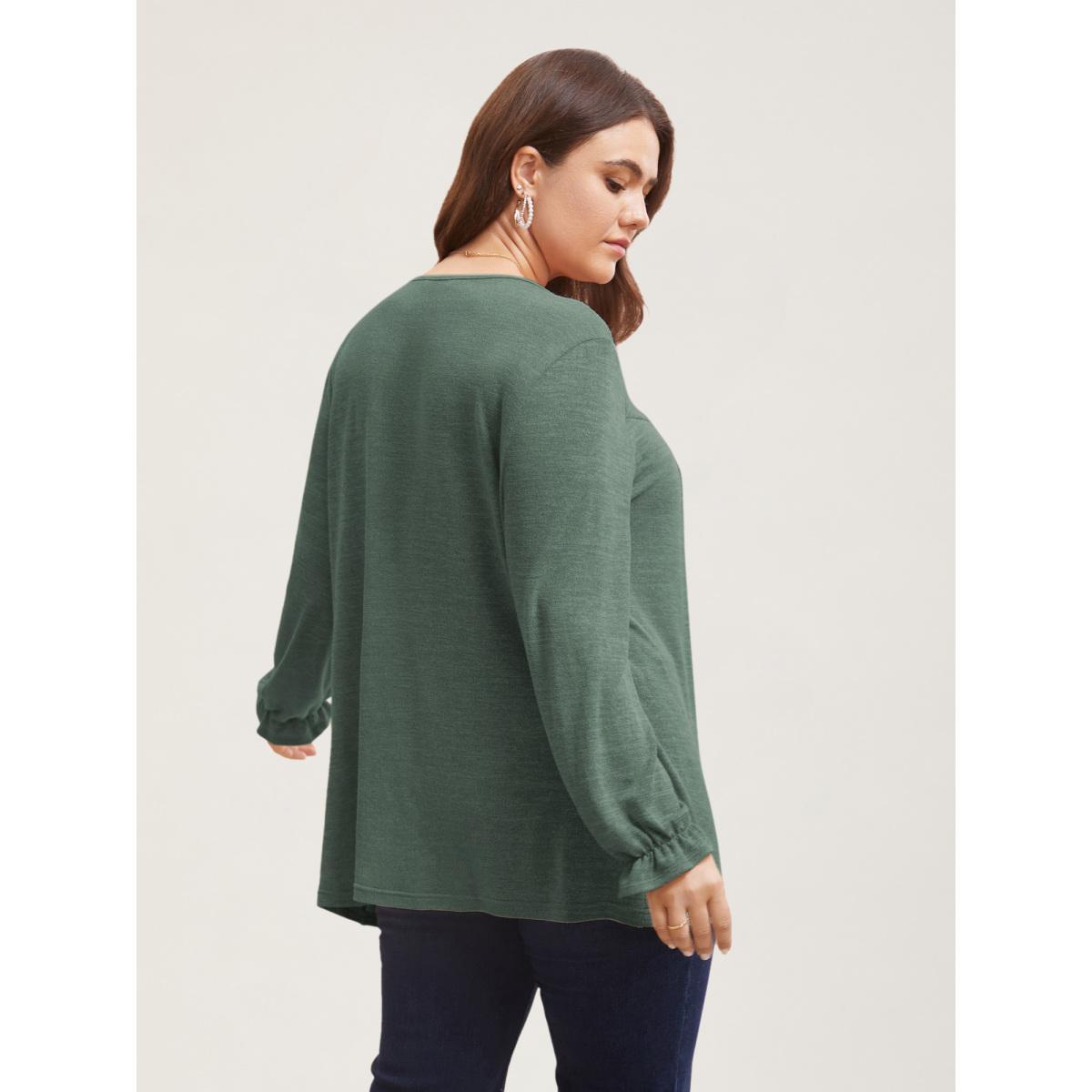 Plus Size Round Neck Heather Pleated T-shirt Emerald Women Elegant Pleated Round Neck Loose Everyday T-shirts BloomChic 12/L Product Image