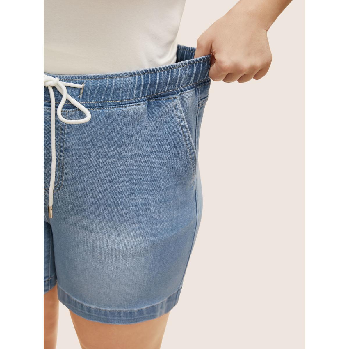Plus Size Light Wash Elastic Waist Drawstring Denim Shorts Women Denimlightblue Drawstring Medium stretch Everyday Slanted pocket Casual Denim Shorts BloomChic 26/4X Product Image