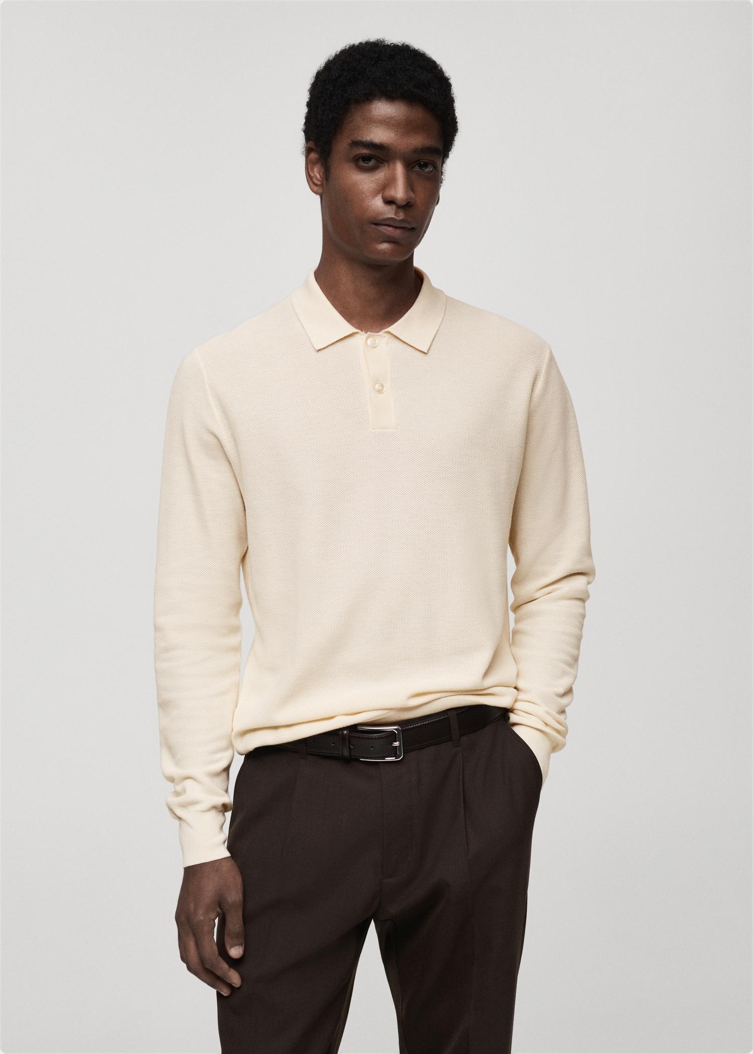 Micro-structured cotton knitted polo shirt - Men | MANGO USA Product Image