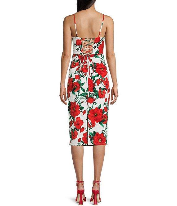 Honey and Rosie Floral Printed Sleeveless Corset-Inspired Bodice Midi Dress Product Image