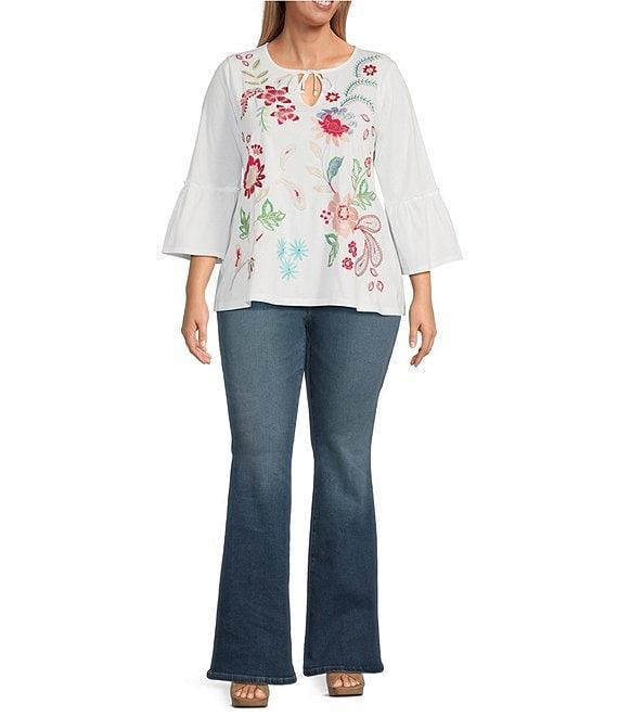 JOHNNY WAS Plus Size Embroidered Floral Split V-Neck 3/4 Ruffle Bell Sleeve Top Product Image