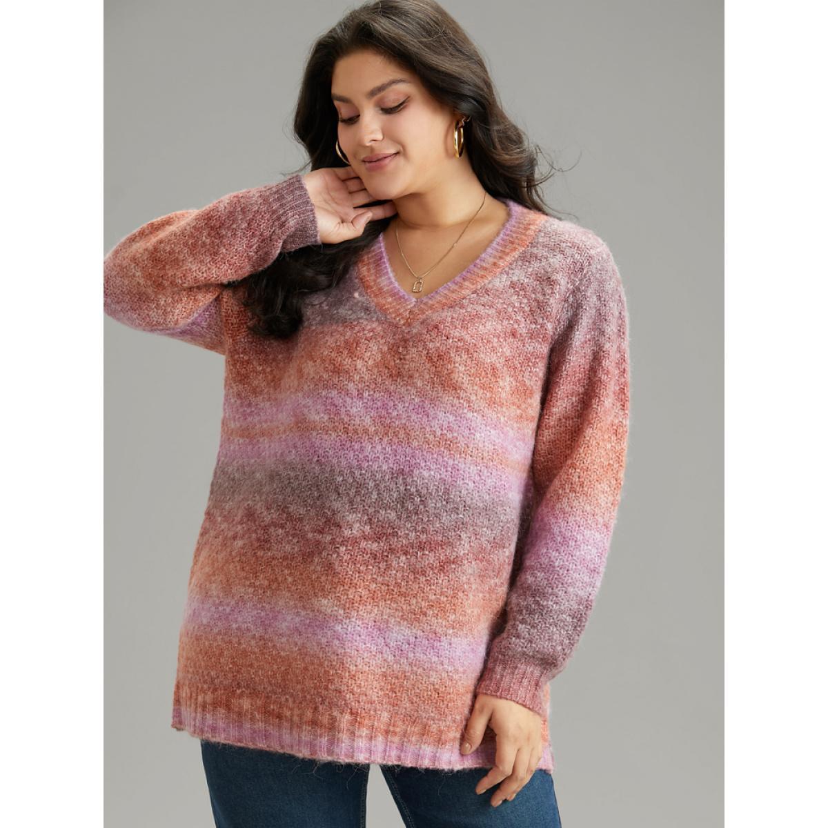 Plus Size Ombre Heather V Neck Pullover Multicolor Women Casual Loose Long Sleeve V-neck Dailywear Pullovers BloomChic 14-16/1X Product Image