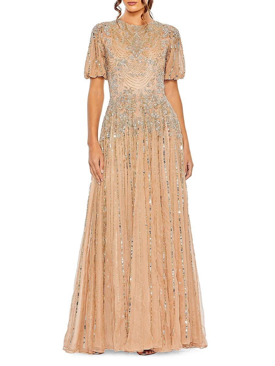 Womens Embellished Puff-Sleeve A-Line Gown Product Image