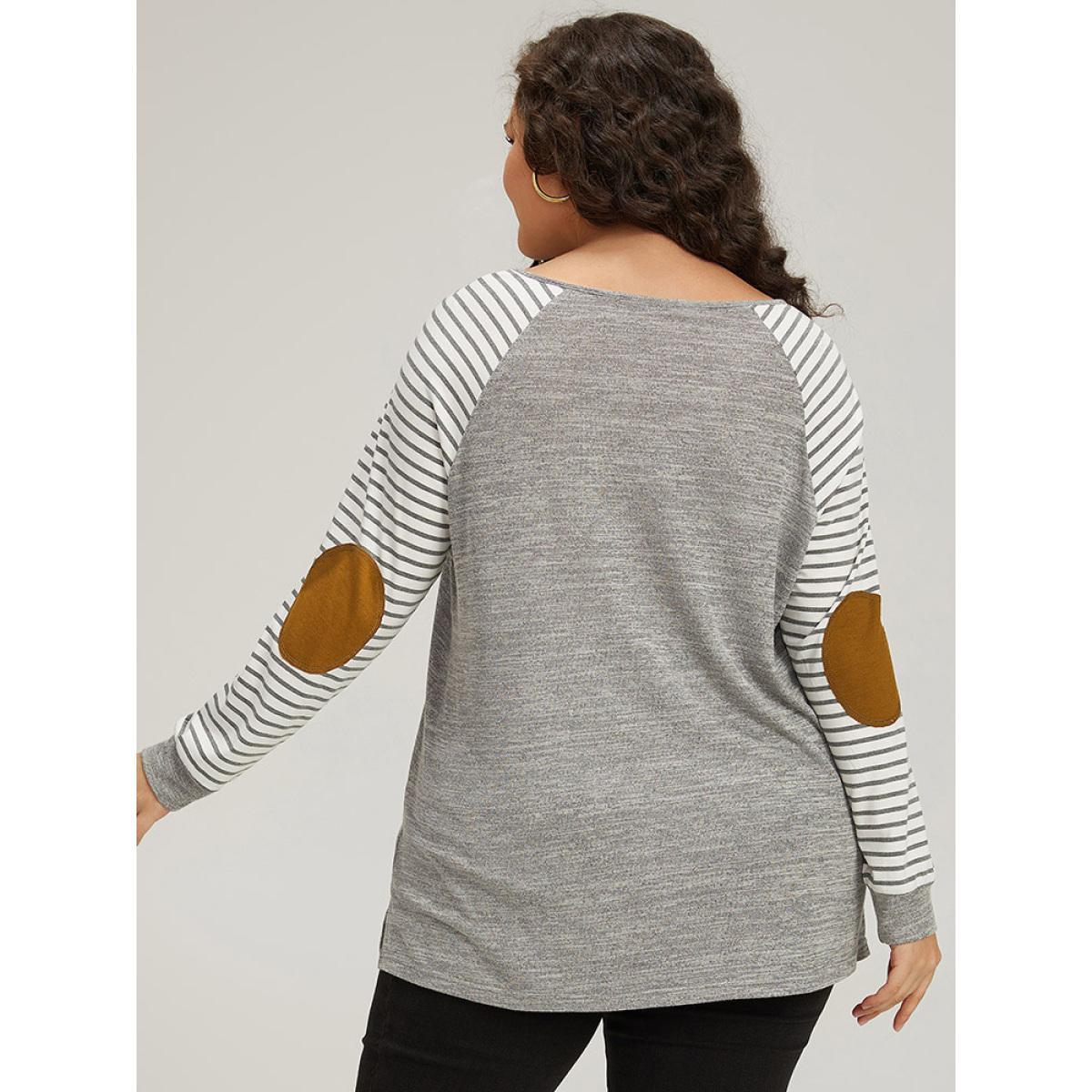 Plus Size Striped Raglan Sleeve Patched Split Side T-shirt Gray Women Casual Contrast Striped Round Neck Dailywear T-shirts BloomChic 28/5X Product Image