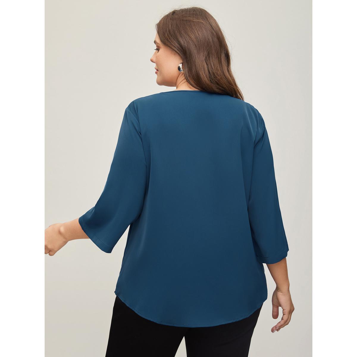 Plus Size Indigo V Neck Plain Pleated Tab Sleeve Blouse Women At the Office Elbow-length sleeve V-neck Work Blouses BloomChic 14-16/1X Product Image