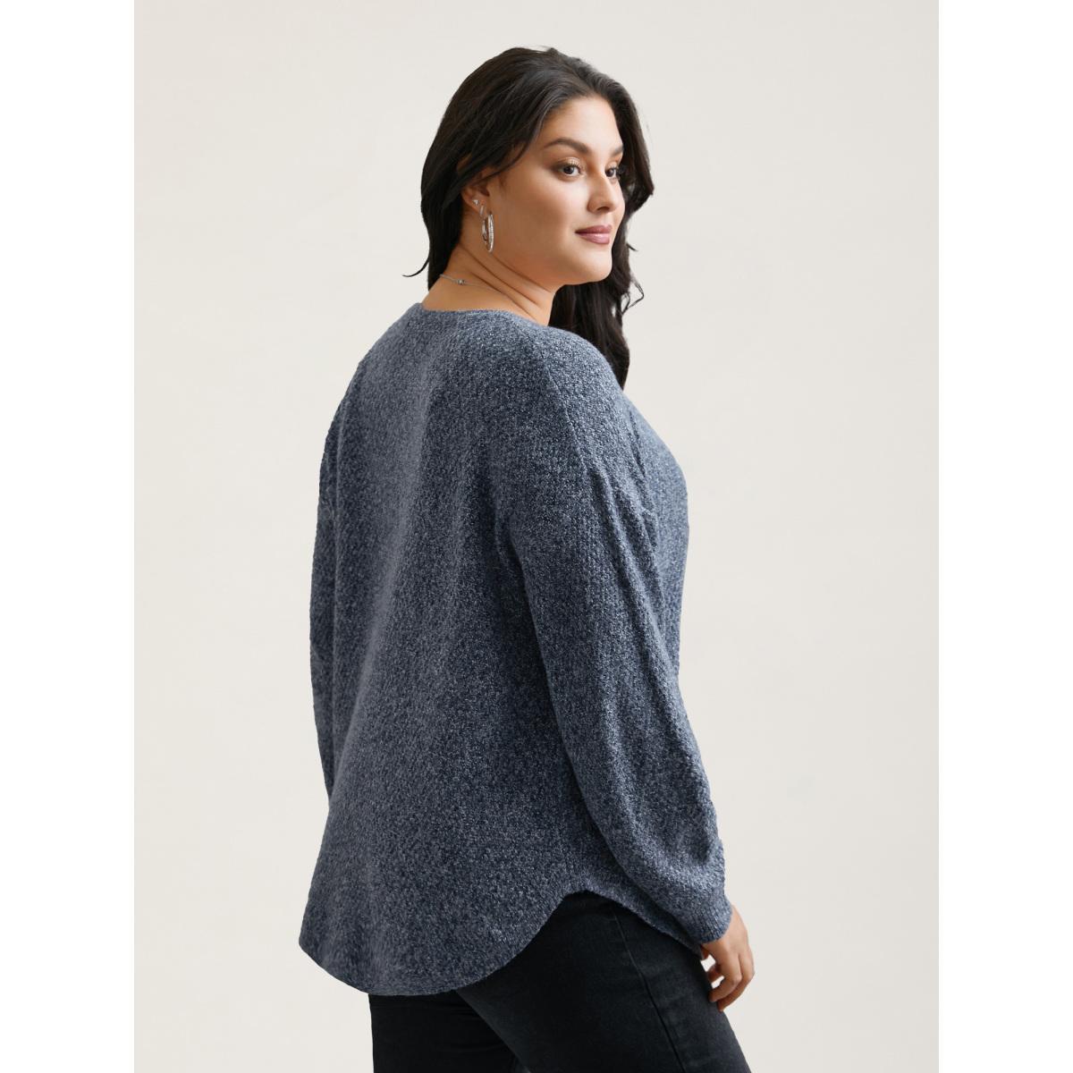 Plus Size Textured V-Neck Curved Hem Pullover Stone Women Casual Loose Long Sleeve V-neck Everyday Pullovers BloomChic 28/5X Product Image