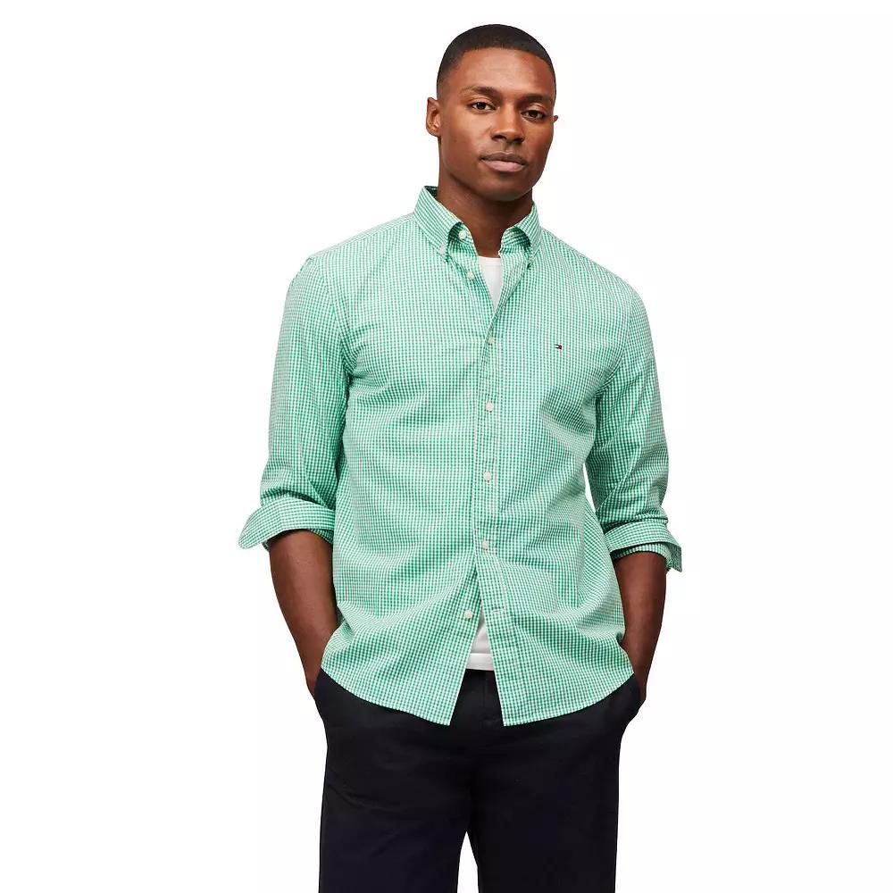 Men's Tommy Hilfiger Flex Poplin Gingham Long Sleeve Shirt, Size: Medium, Olympic Green Gingham Product Image