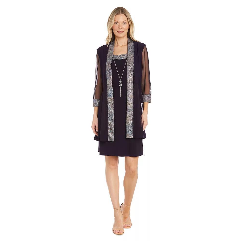Women's R&M Richards 3-pc. Foil Texture Knit Jacket, Dress & Necklace Set, Size: 16, Blue Product Image