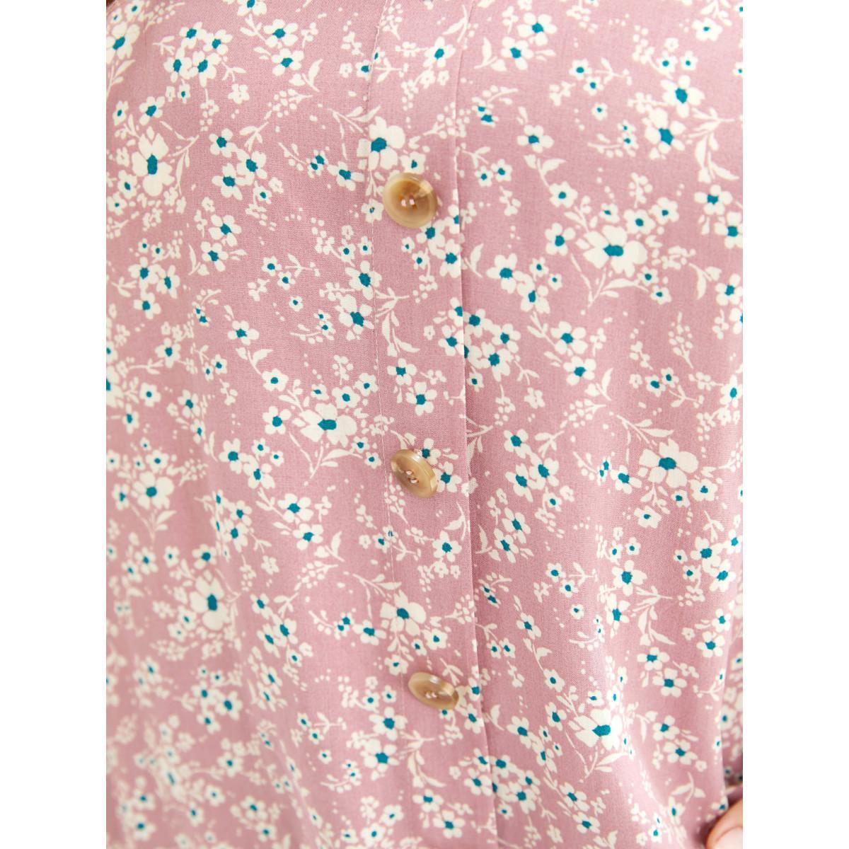 Plus Size Pink Ditsy Floral Contrast Ruffle Sleeve Button Detail Blouse Women Elegant Short sleeve Non Everyday Blouses BloomChic 18-20/2X Product Image