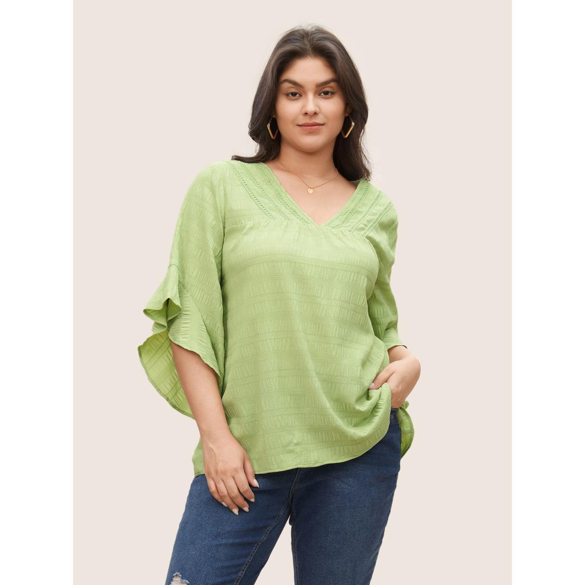 Plus Size Mint Solid Textured Gathered Ruffle Sleeve Blouse Women Casual Elbow-length sleeve V-neck Everyday Blouses BloomChic 12/L Product Image