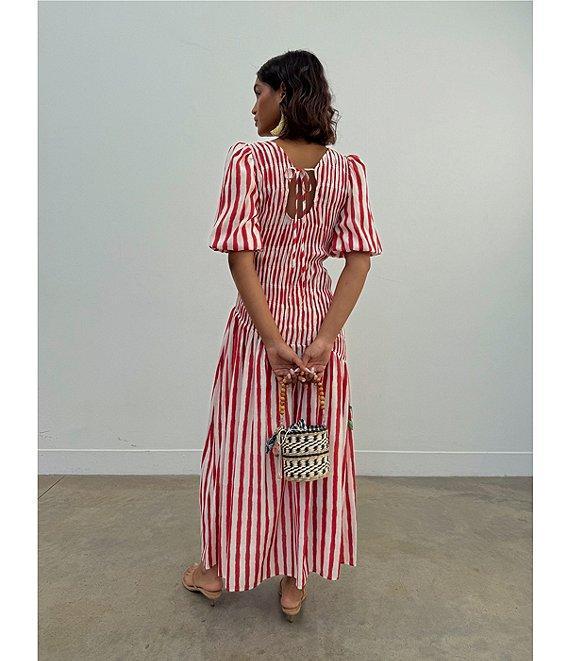 Never Fully Dressed Nara Stripe Print Crew Neck Short Puff Sleeves Maxi Dress Product Image