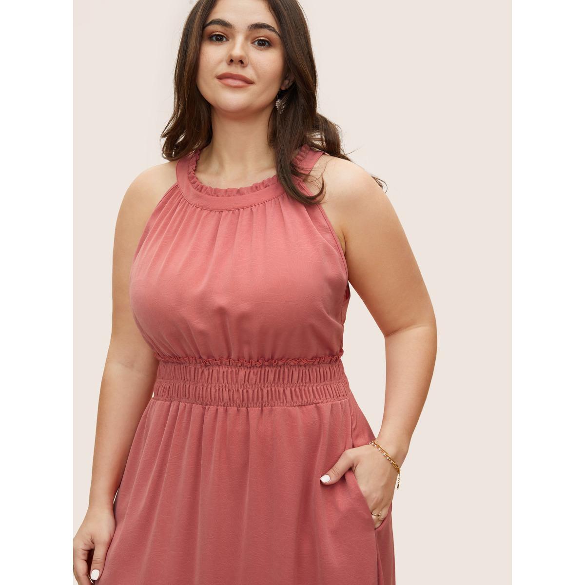 Plus Size Halter Neck Shirred Frill Trim Gathered Dress Watermelon Women Formal Gathered Halter neck Sleeveless Curvy Midi Dress BloomChic 22-24/3X Product Image