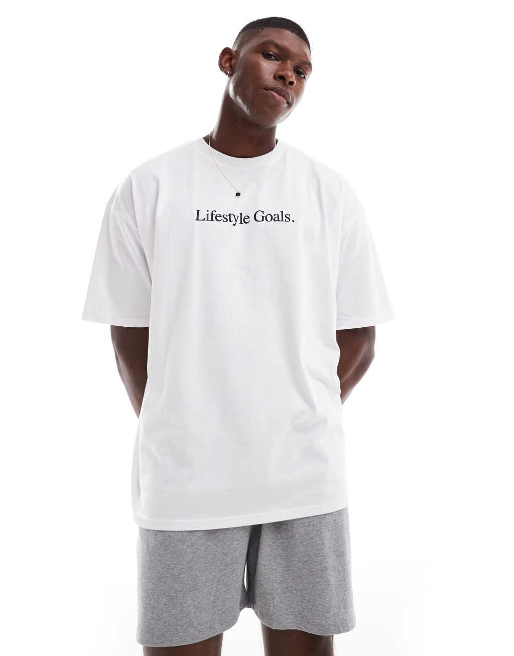 ASOS DESIGN pajama set with lifestyle goals slogan in white Product Image