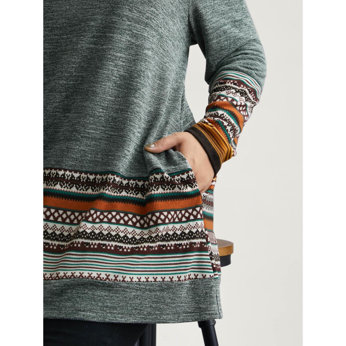 Plus Size Tunic Boho Print Pocket T-shirt Sage Women Casual Contrast Round Neck Loose Everyday T-shirts BloomChic 30/6X Product Image