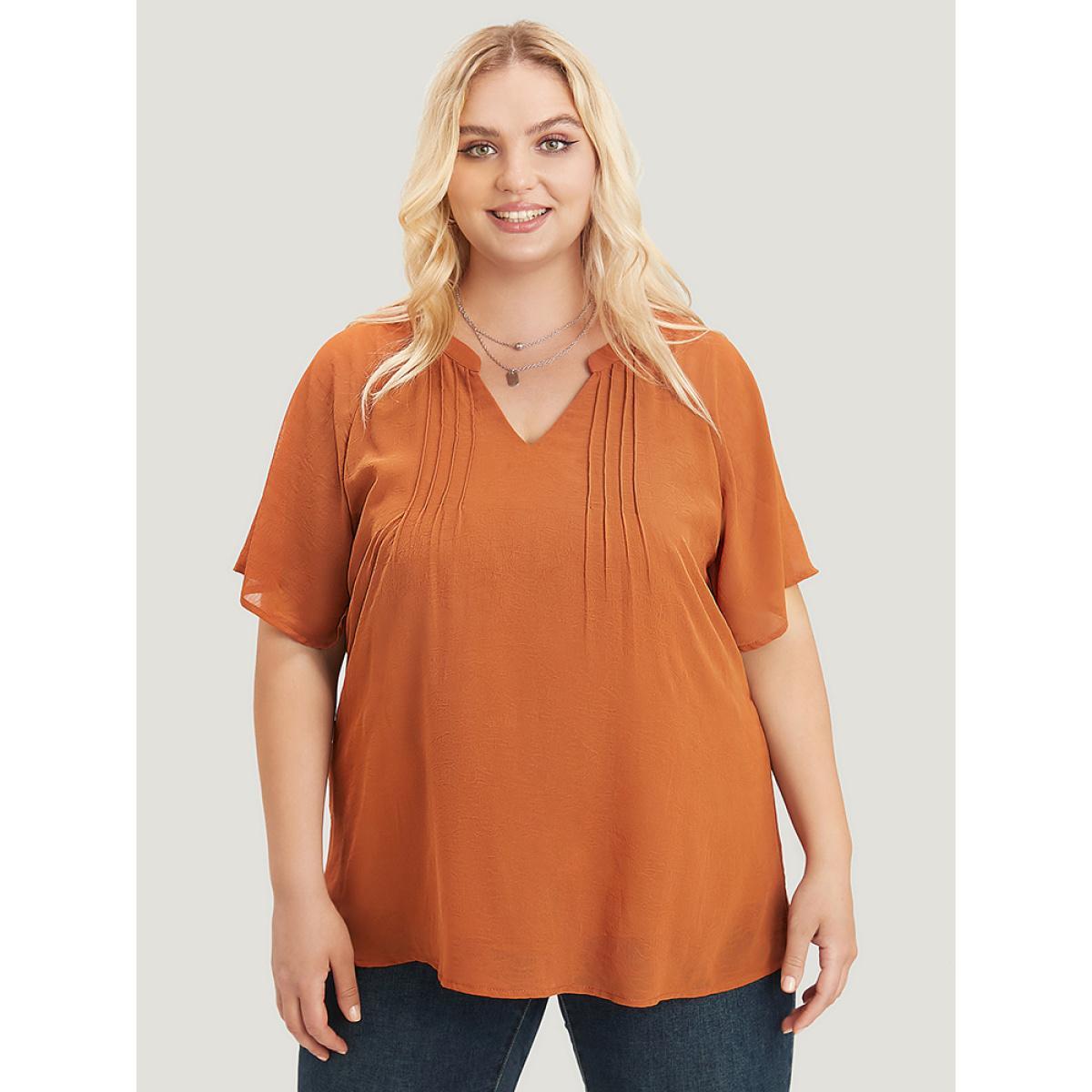 Plus Size Maroon Solid Notched Pleated Mesh Raglan Sleeve Blouse Women Casual Short sleeve V-neck Dailywear Blouses BloomChic 10/M Product Image