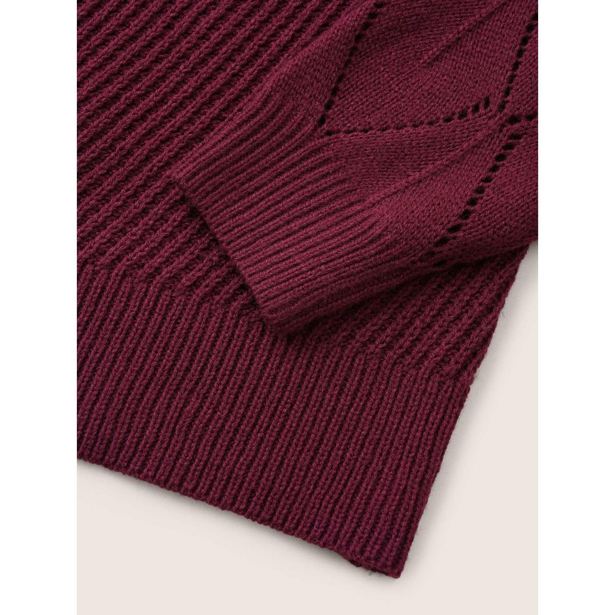 Plus Size Solid Hollow Out Raglan Sleeve Pullover Burgundy Women Casual Loose Long Sleeve V-neck Dailywear Pullovers BloomChic 12/L Product Image