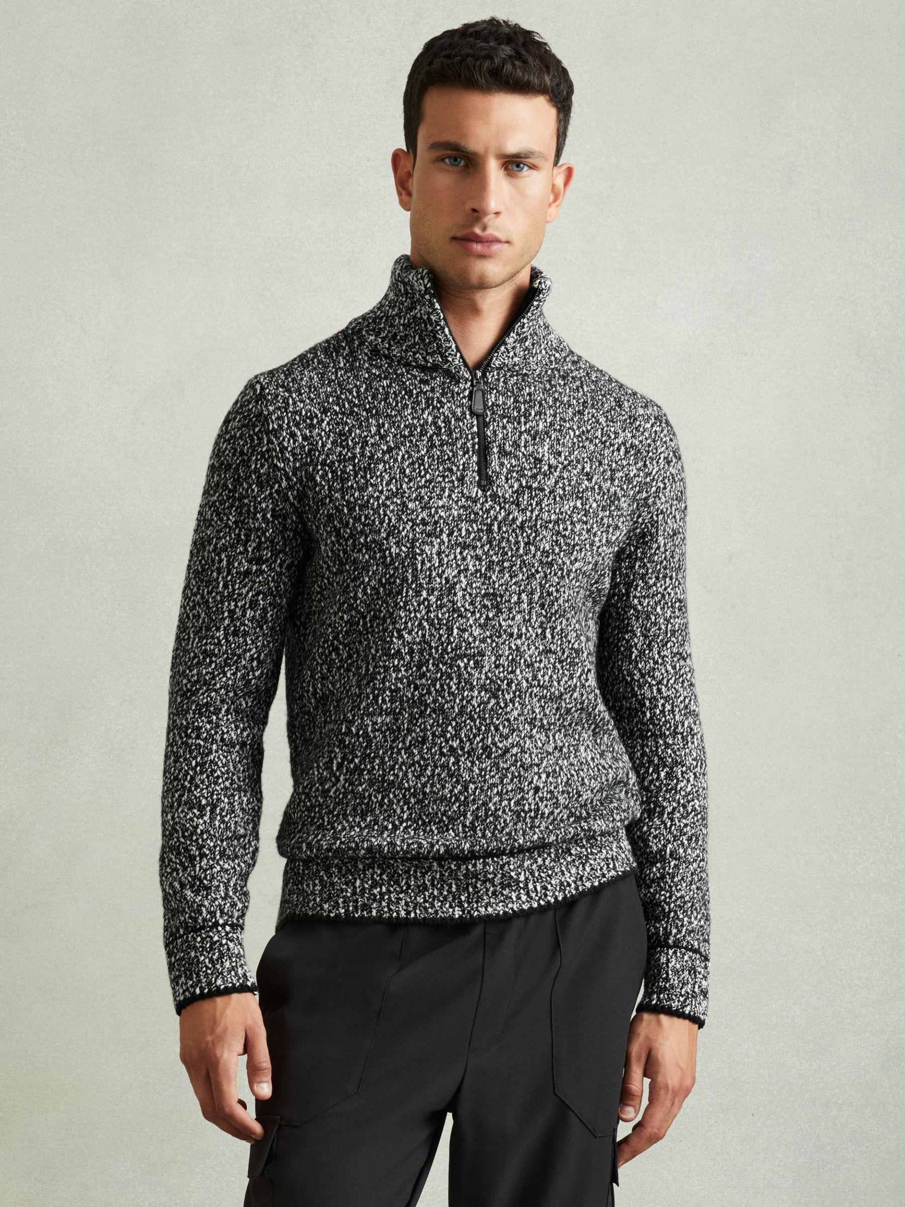Marled Cotton and Wool Funnel-Neck Jumper in Black/White Product Image
