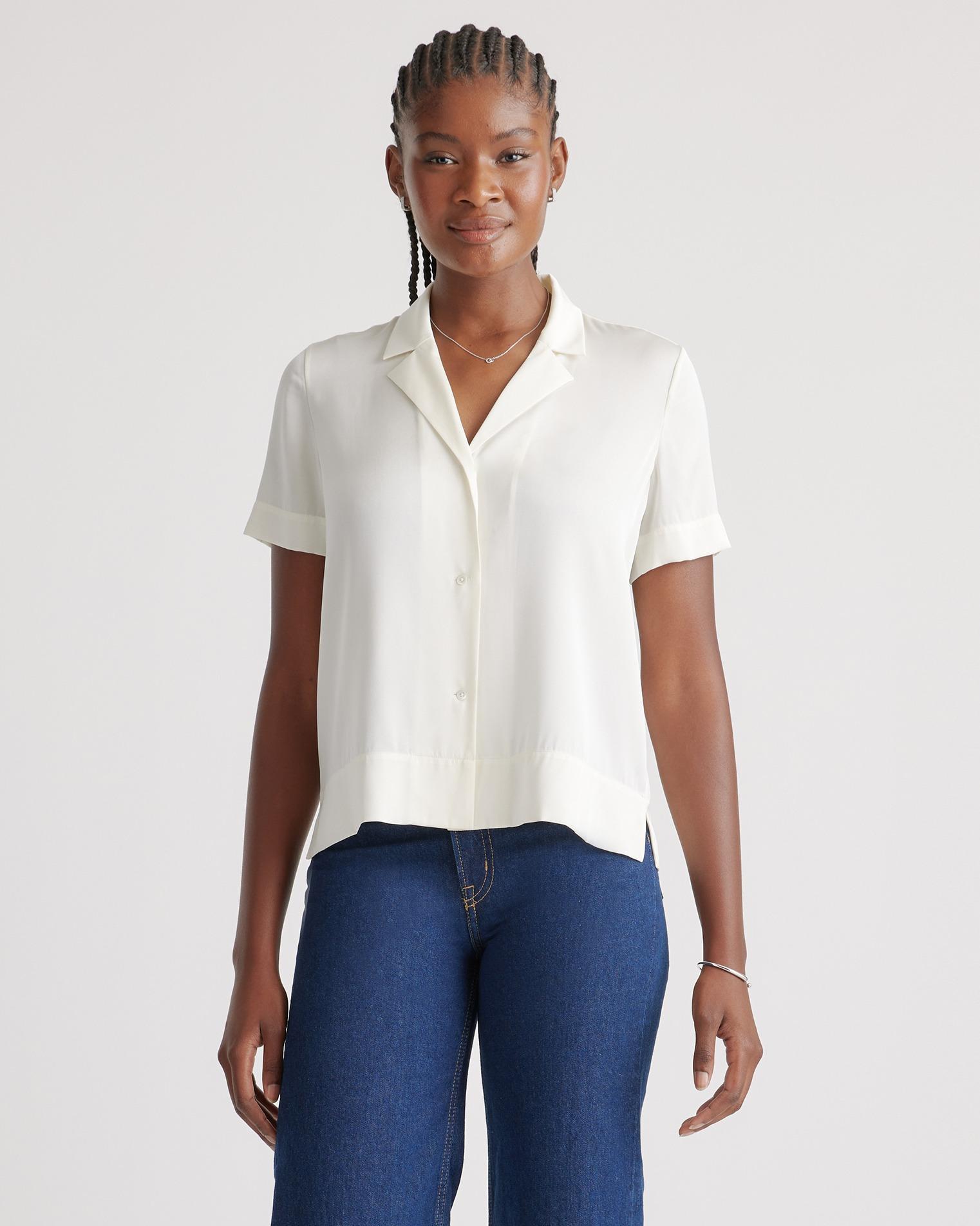 Quince | Women's Washable Stretch Silk Short Sleeve Notch Collar Blouse Mulberry Silk Product Image