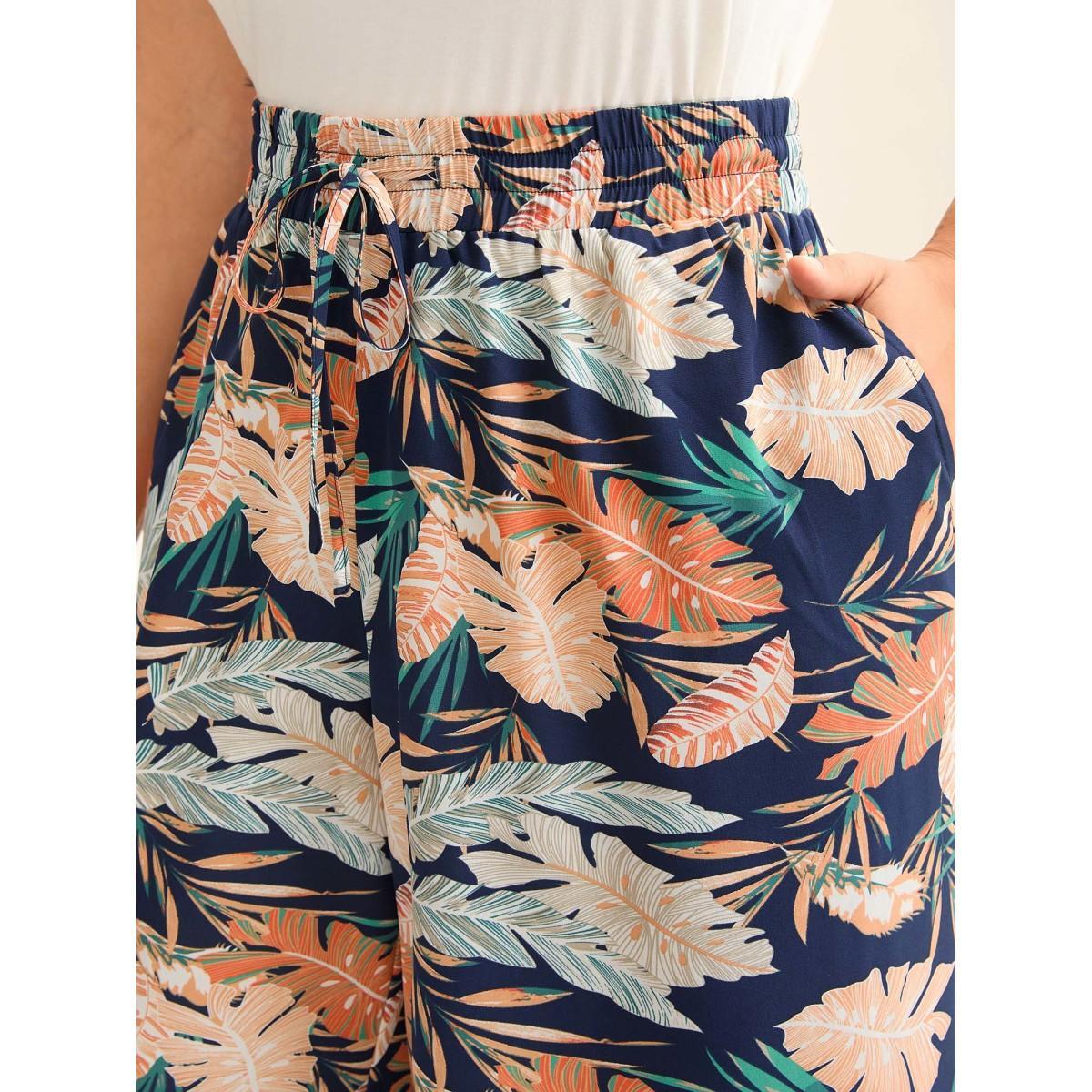 Plus Size Tropical Leaf Print Wide-Leg Pants Women Indigo Resort Wide Leg Mid Rise Vacation Pants BloomChic 18-20/2X Product Image