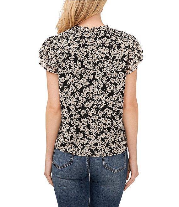 CeCe Woven Floral Print Split Round Neck Short Sleeve Blouse Product Image