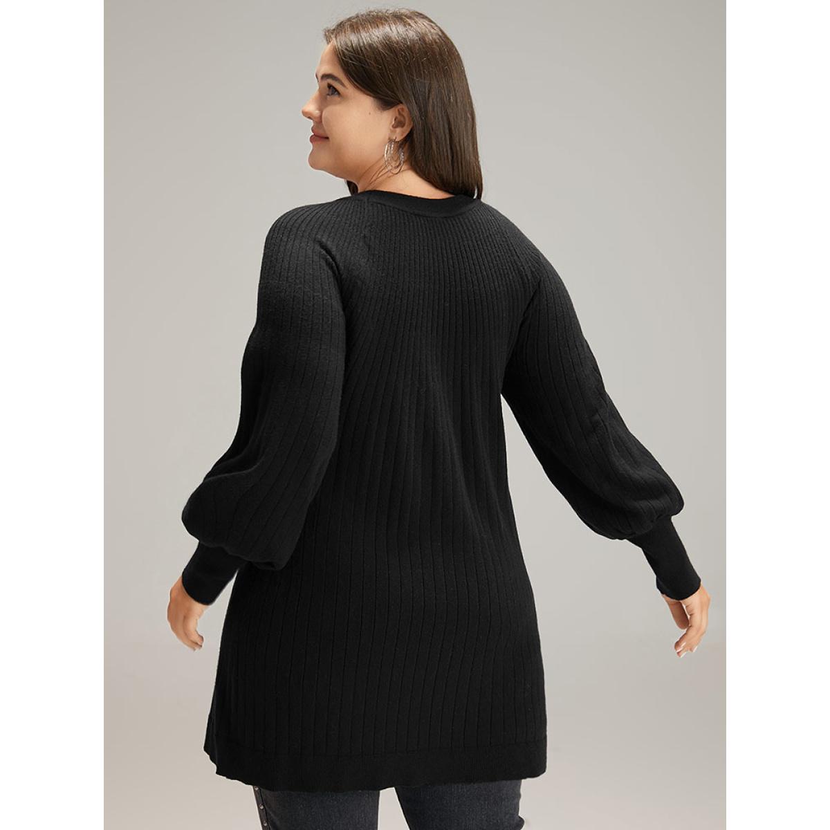 Plus Size Supersoft Essentials Anti-Pilling Button Detail Pullover Black Women Casual Loose Long Sleeve Round Neck Dailywear Pullovers BloomChic 28/5X Product Image