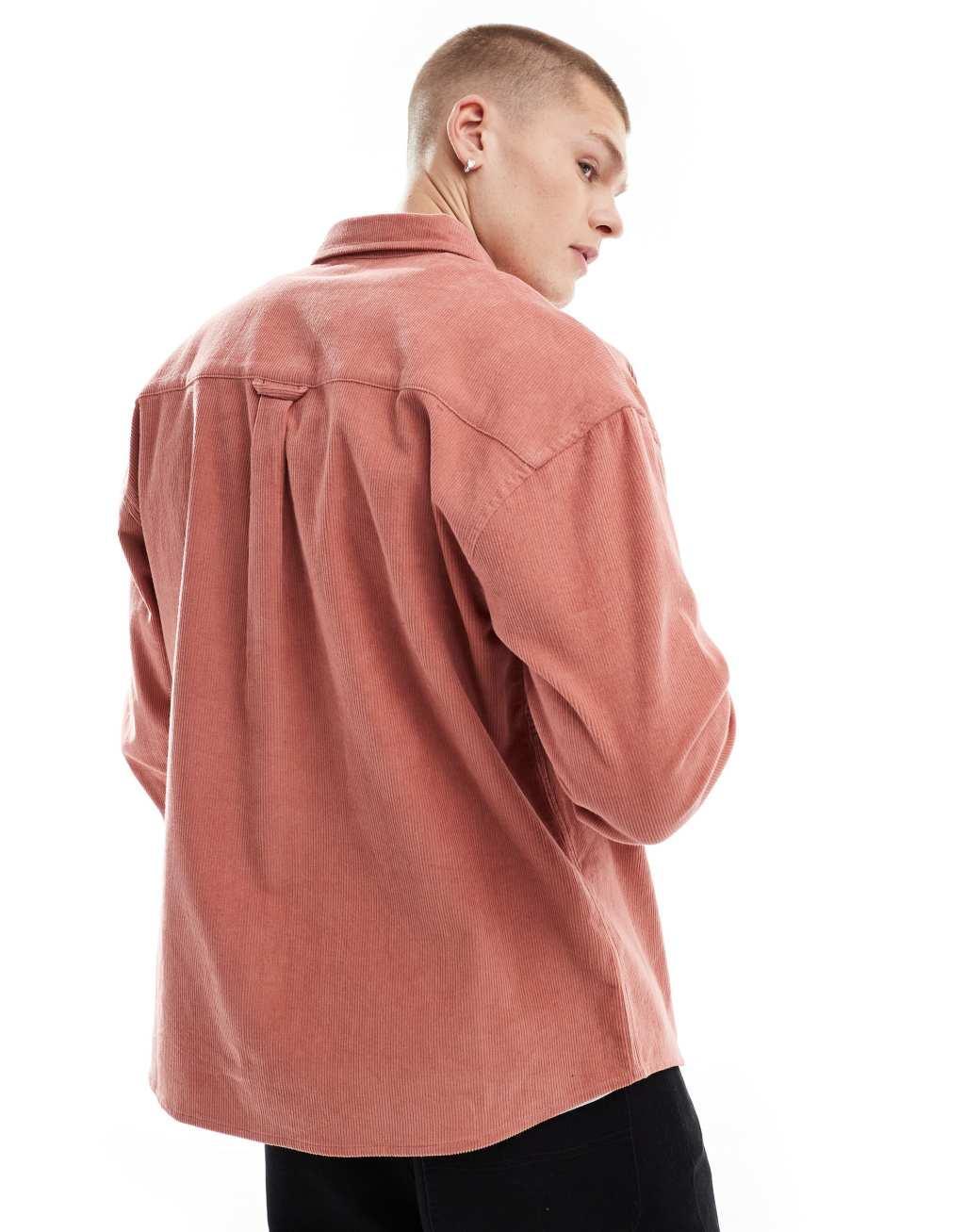 ASOS DESIGN '90s oversized cord shirt in pink Product Image
