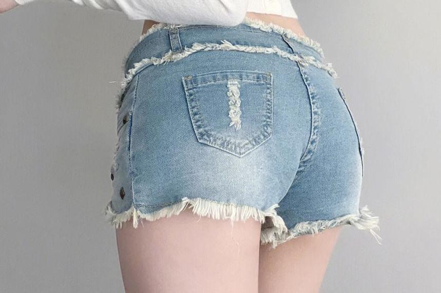Low Waist Distressed Washed Denim Shorts Product Image