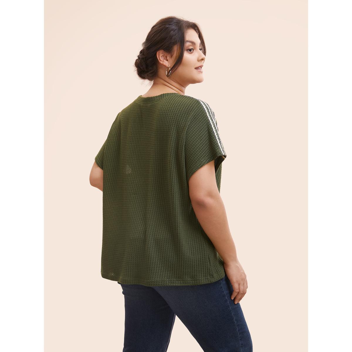 Plus Size Striped Waffle Knit Patchwork T-shirt ArmyGreen Women Casual Texture Round Neck Everyday T-shirts BloomChic 10/M Product Image