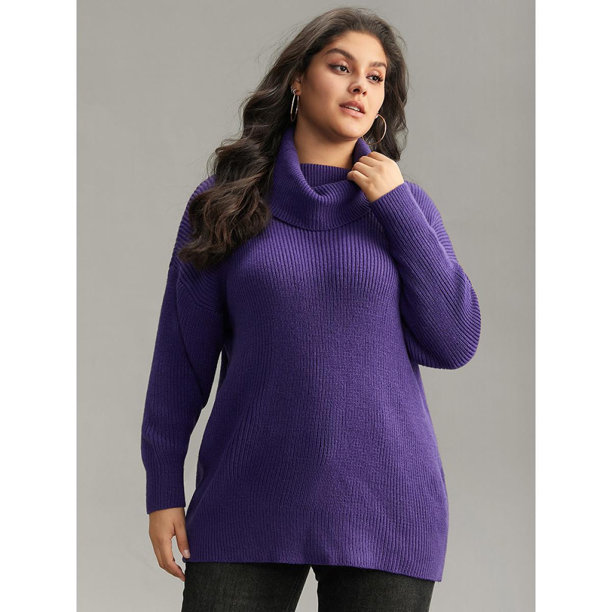 Plus Size Plain Turtleneck Texture Elastic Cuffs Pullover BlueViolet Women Casual Loose Long Sleeve Turtleneck Dailywear Pullovers BloomChic 12/L Product Image