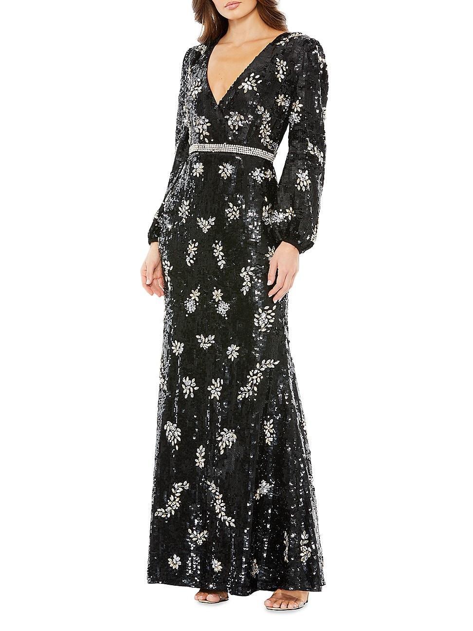 Womens Embellished Wrap Bishop-Sleeve Gown Product Image