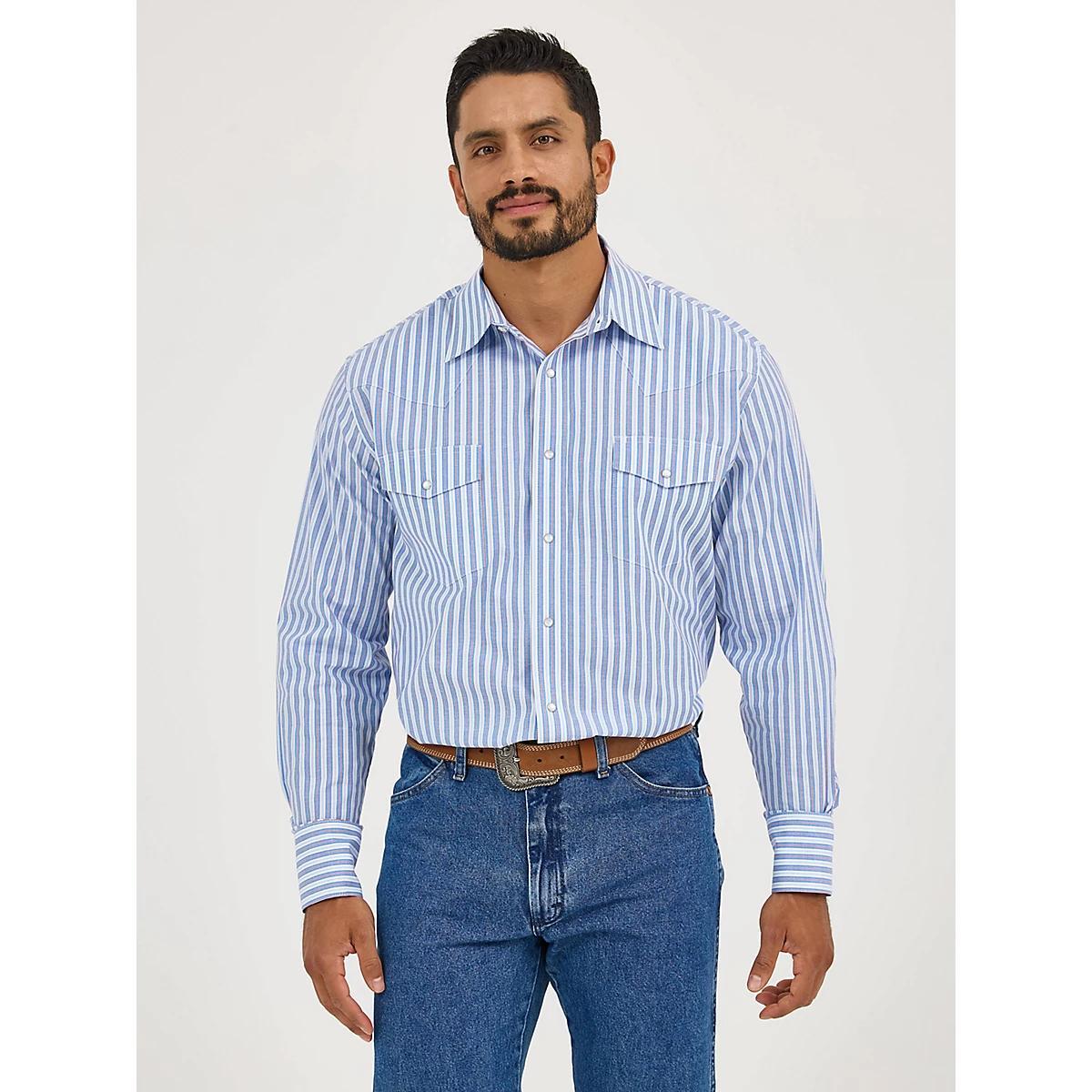 Men's Wrinkle Resist Long Sleeve Western Snap Stripe Shirt in Bold Blues Product Image