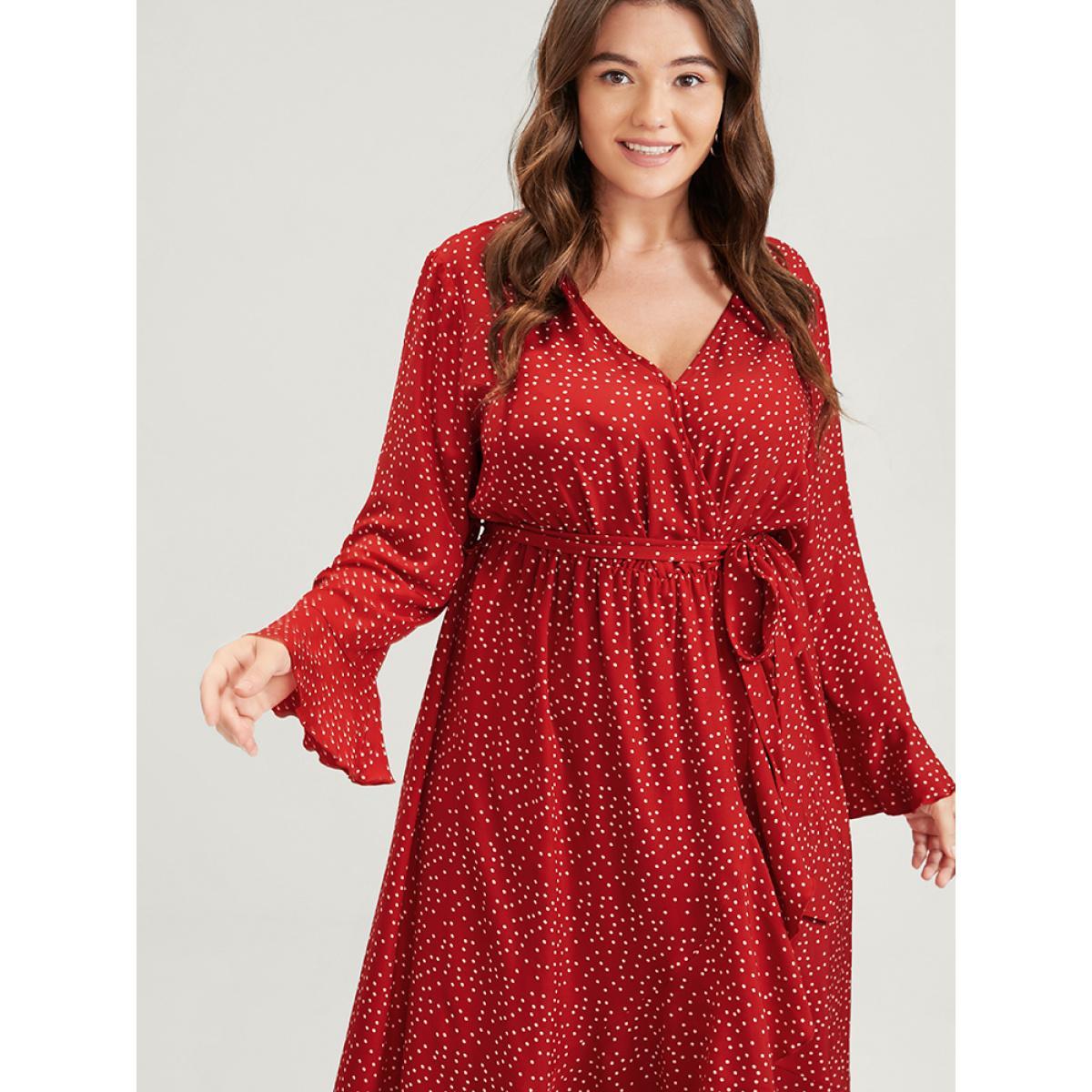 Plus Size Polka Dot Split Wrap Asymmetrical Hem Ruffles Belted Dress Raspberry Women Elegant Belted V-neck Long Sleeve Curvy Long Dress BloomChic 12/L Product Image
