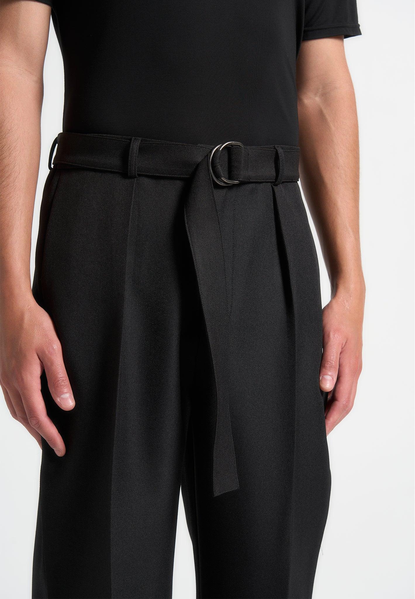 Relaxed Fit Textured Belted Tailored Trousers - Black Male Product Image