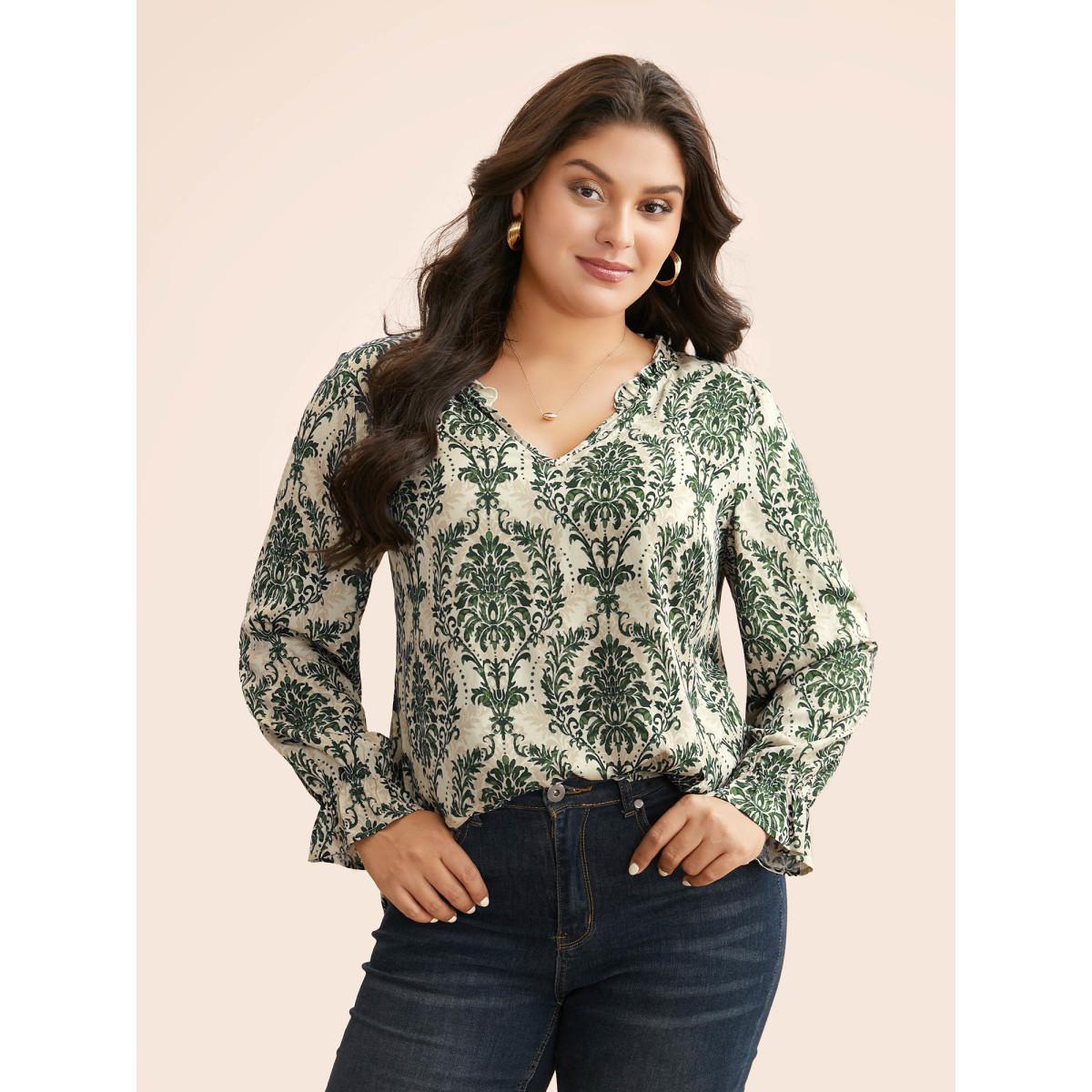 Plus Size DarkGreen Boho Print Frill Trim Slit Hem Blouse Women Elegant Long Sleeve Notched collar Everyday Blouses BloomChic 30/6X Product Image