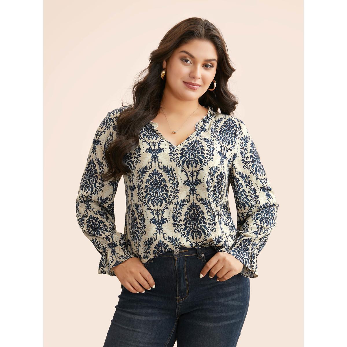 Plus Size Multicolor Boho Print Frill Trim Slit Hem Blouse Women Elegant Long Sleeve Notched collar Everyday Blouses BloomChic 28/5X Product Image
