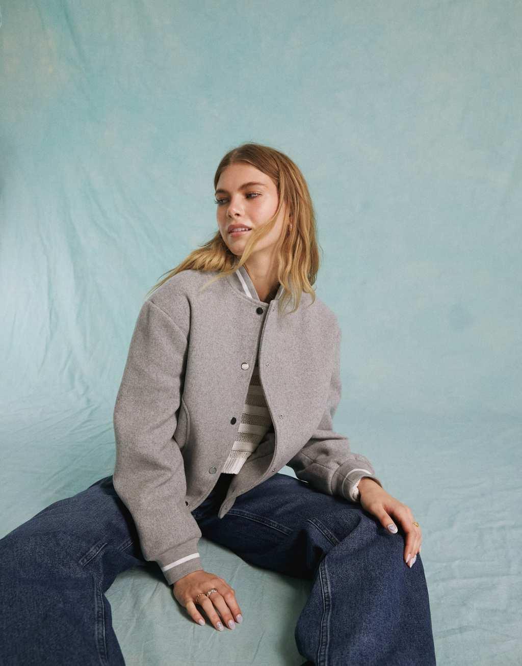 Miss Selfridge brushed oversized bomber jacket with contrast stitching-Gray Product Image