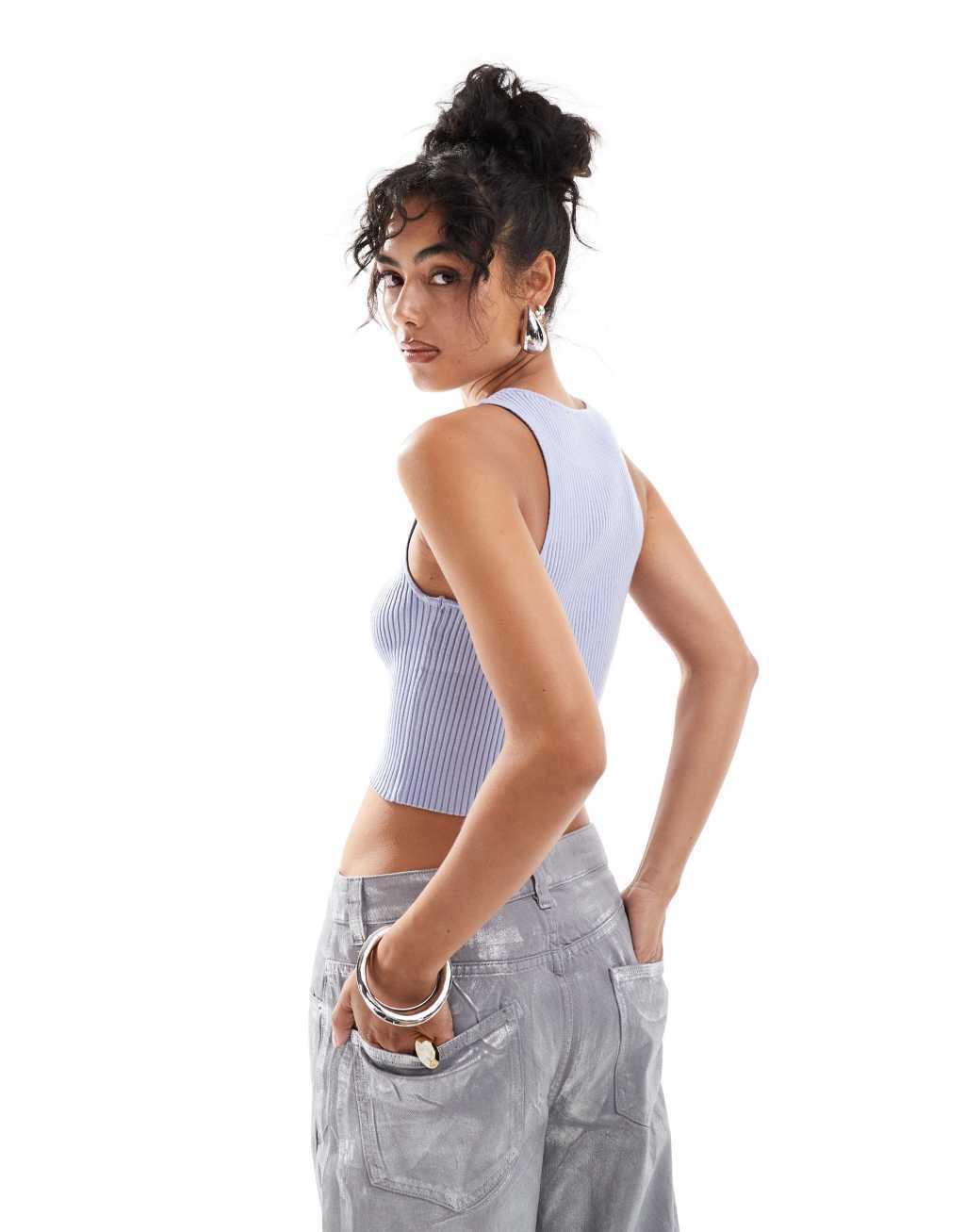 Mango tie front sleeveless top in light blue Product Image