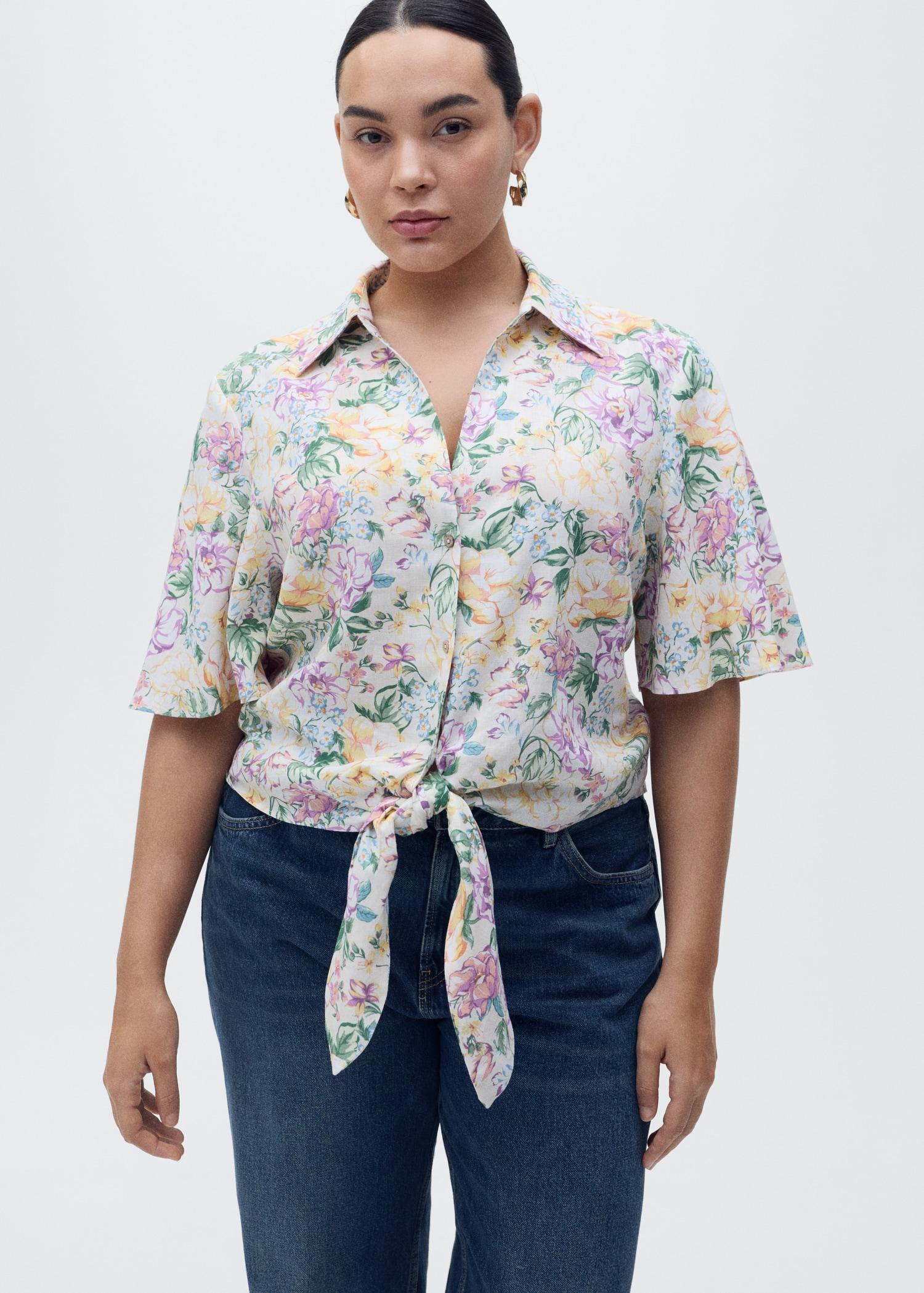 Floral linen shirt with knot detail - Women | MANGO USA Product Image
