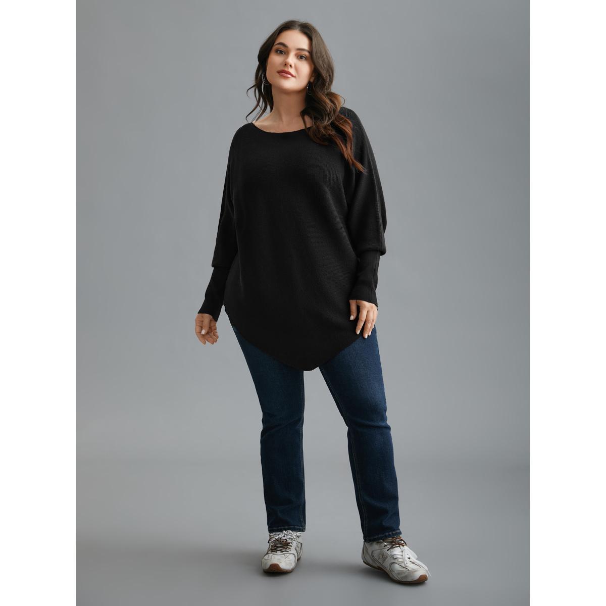 Plus Size Supersoft Essentials Solid Dolman Sleeve Pullover Black Women Casual Loose Long Sleeve Boat Neck Everyday Pullovers BloomChic 14-16/1X Product Image