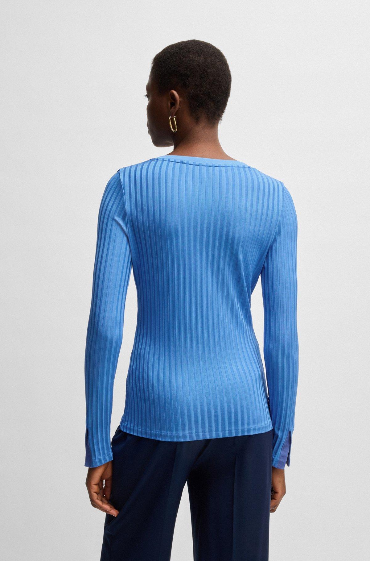 BOSS - Long-sleeved V-neck top in lustrous ribbed jersey - Blue Product Image
