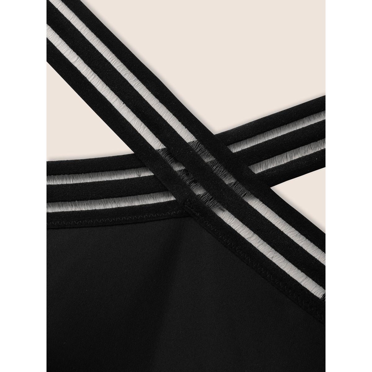 Plus Size Overlap Collar Patchwork Mesh Gathered One Piece Swimsuit Women's Swimwear Black Beach Woven ribbon&lace trim Curve Bathing Suits High stretch One Pieces BloomChic 22-24/3X Product Image