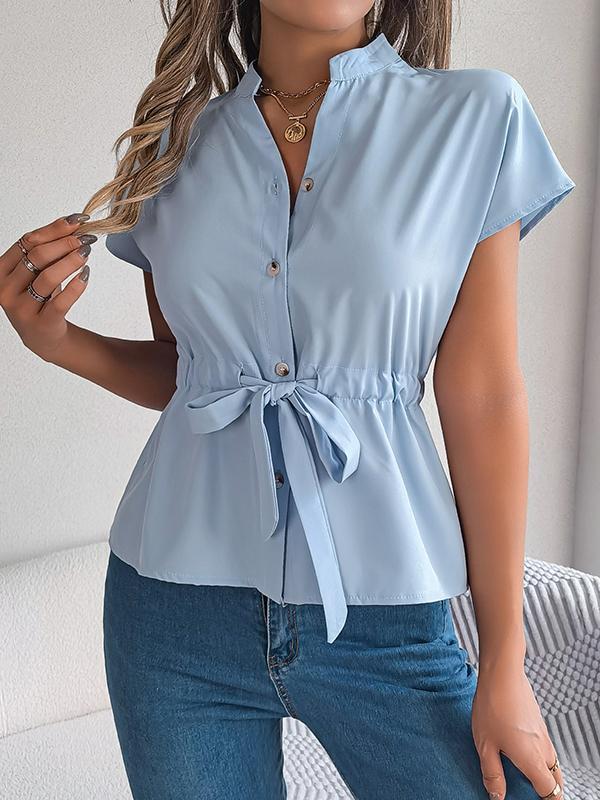 Loose Short Sleeves Drawstring Split-Joint Round-Neck Blouses&Shirts Tops Product Image