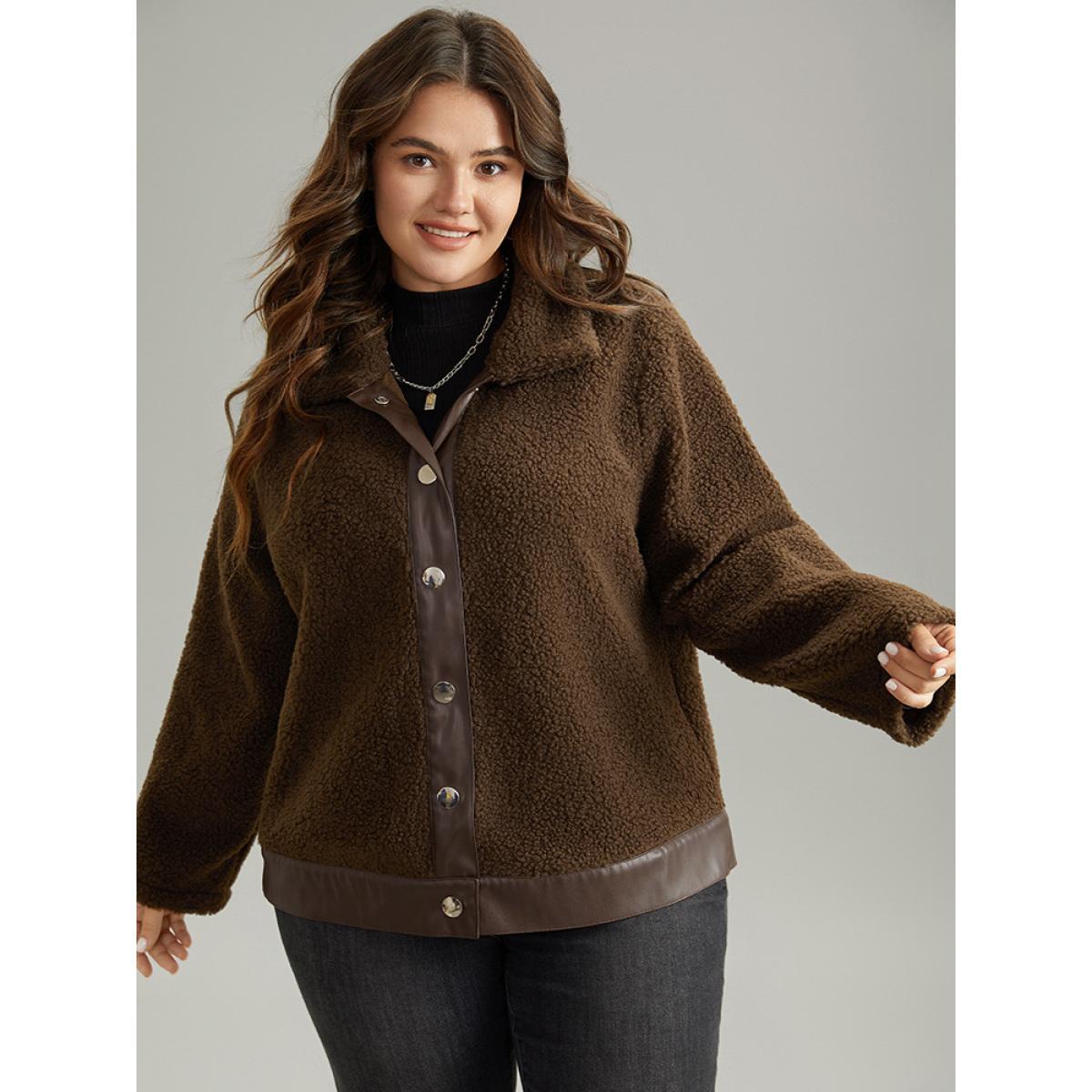 Plus Size PU Leather Patchwork Metal Detail Teddy Jacket Women DarkBrown Patchwork Dailywear Jackets BloomChic 14-16/1X Product Image