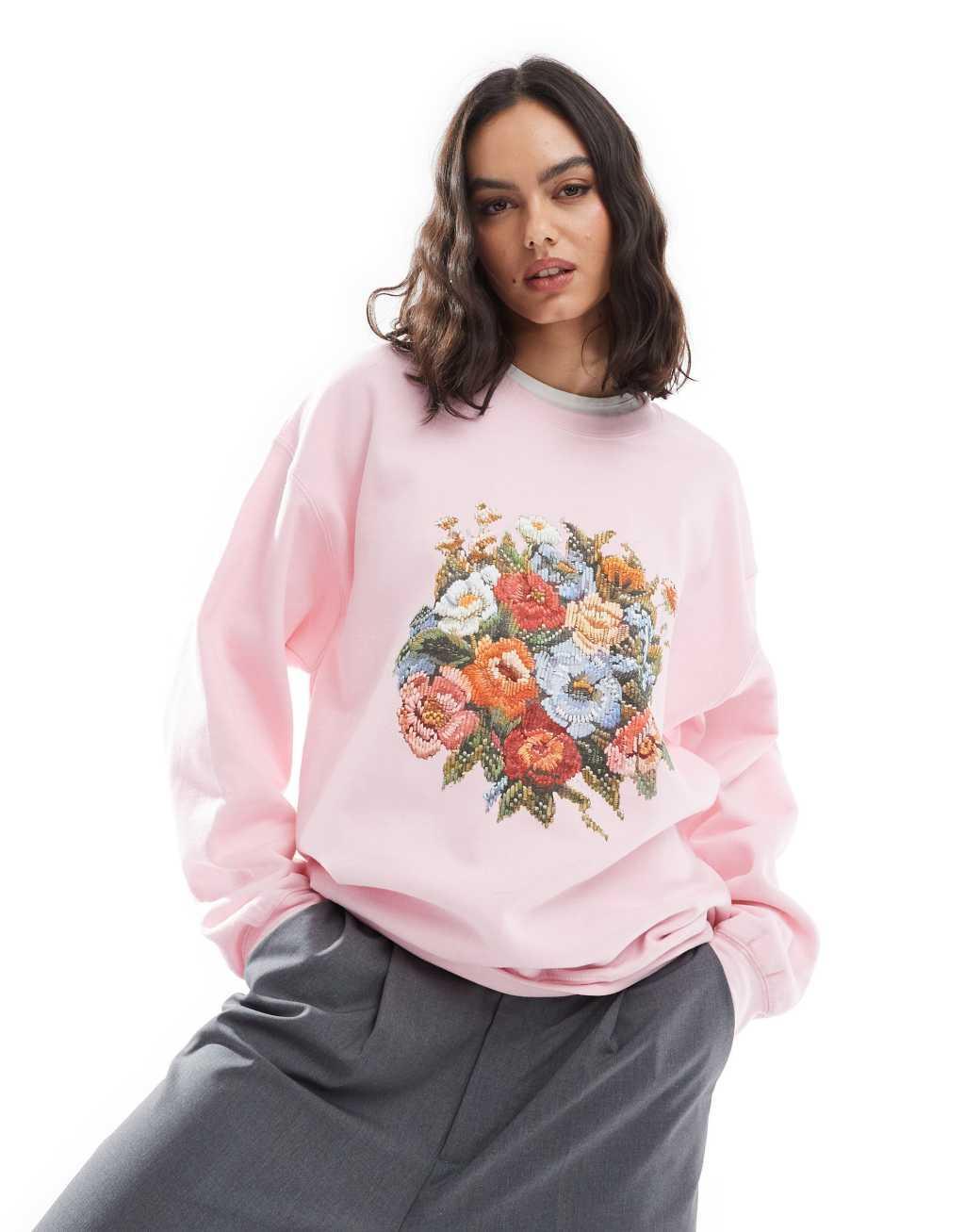 Miss Selfridge floral oversized sweatshirt in pale pink Product Image