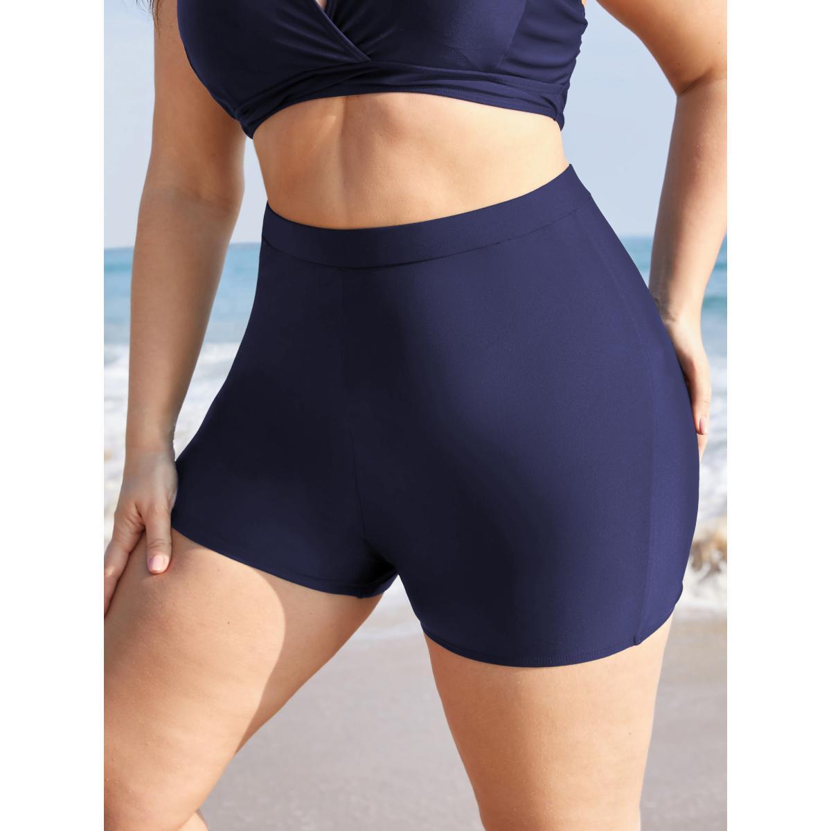 Plus Size Plain Elastic Waist Swim Shorts Women's Swimwear Indigo Beach Non High stretch Skinny High Rise Curve Swim Bottoms BloomChic 28/5X Product Image