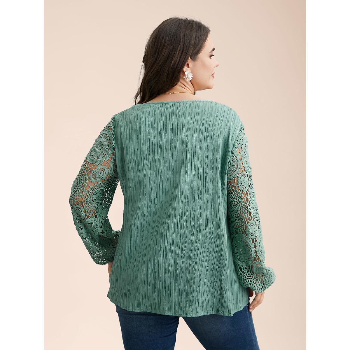 Plus Size Greenbean Scalloped Lace Textured Sheer Sleeve Blouse Women Elegant Extra Long Sleeve V-neck Everyday Blouses BloomChic 18-20/2X Product Image