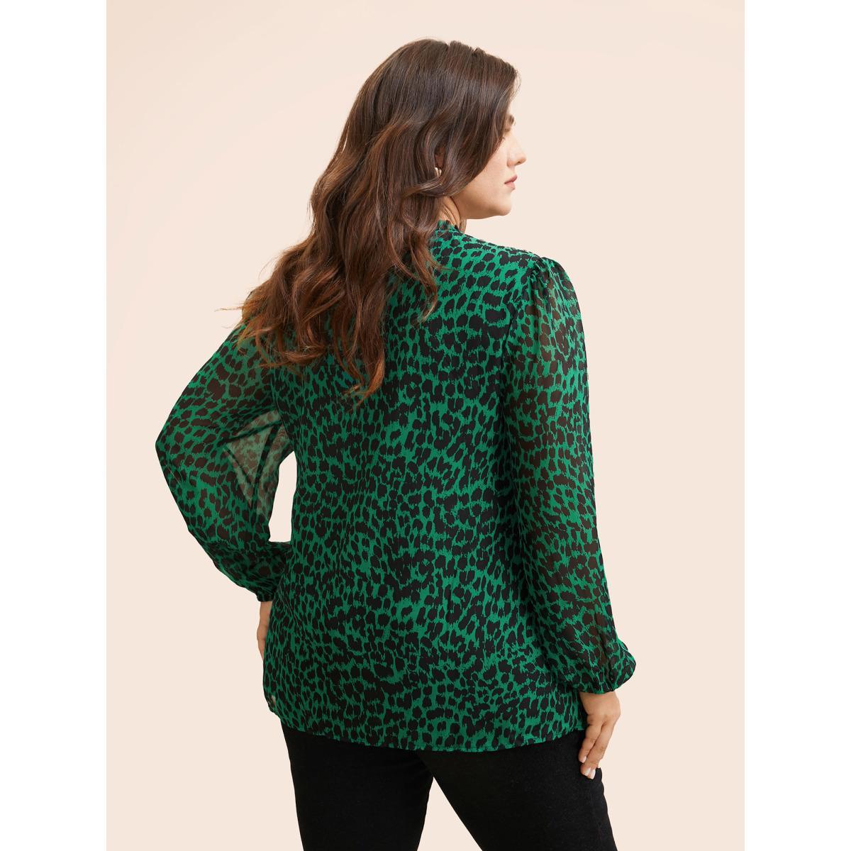 Plus Size DarkGreen Leopard Print Tie Knot Lantern Sleeve Blouse Women Elegant Long Sleeve V-neck Everyday Blouses BloomChic 26/4X Product Image