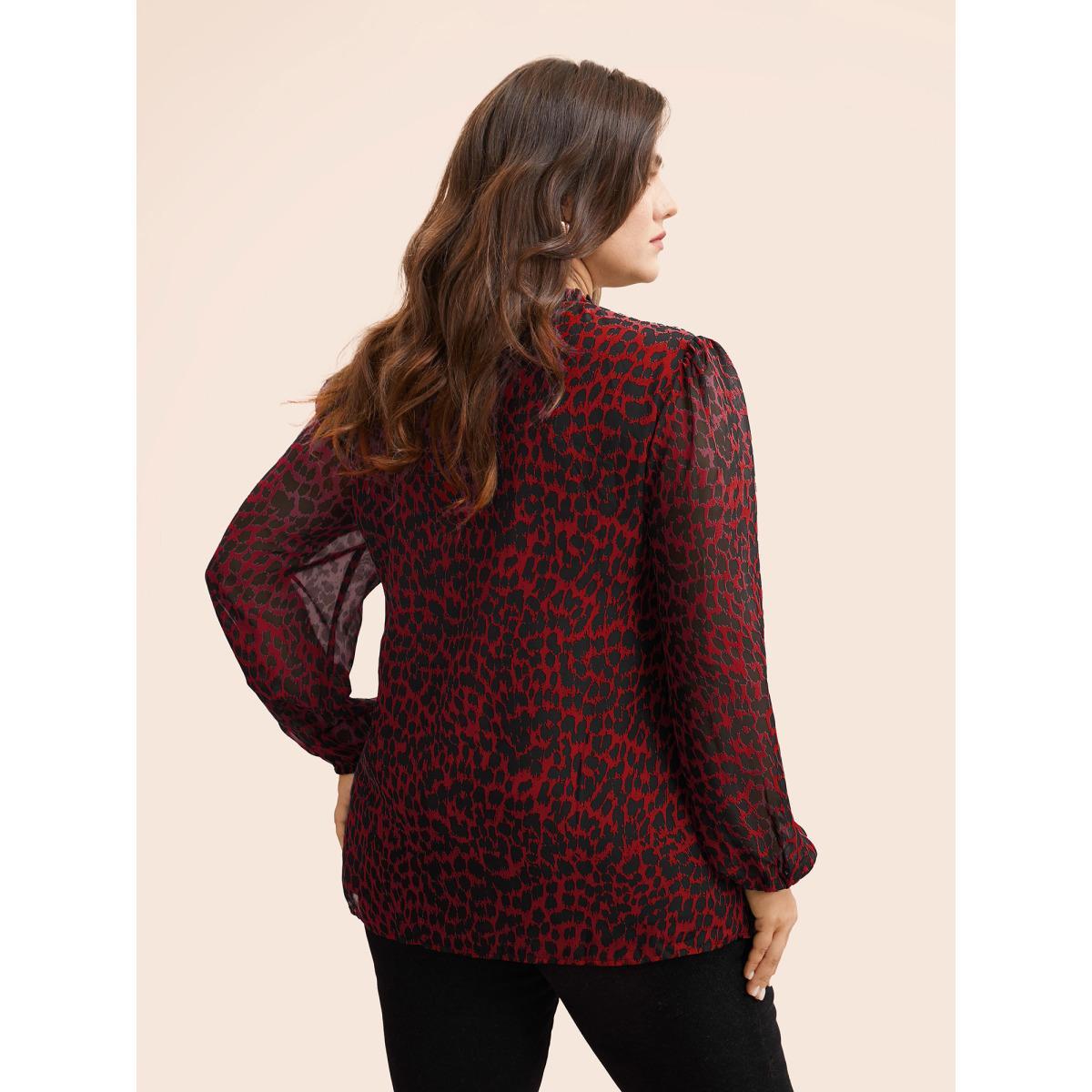 Plus Size Crimson Leopard Print Tie Knot Lantern Sleeve Blouse Women Elegant Long Sleeve V-neck Everyday Blouses BloomChic 26/4X Product Image